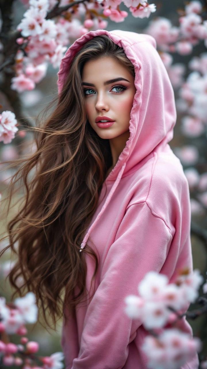Prompt: her hair is blowing softly in a gentle breeze, she smiles and blinks her eyes as cherry blossom petals fall around her