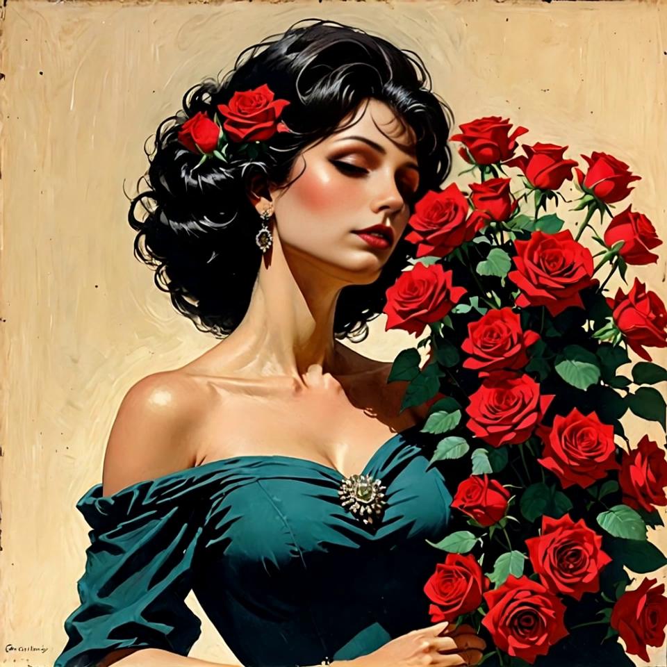 Prompt: Roses are initially closed buds. Then they open completely and become large flowers. Simultaneously with this action, the woman opens her eyes, which were initially closed.