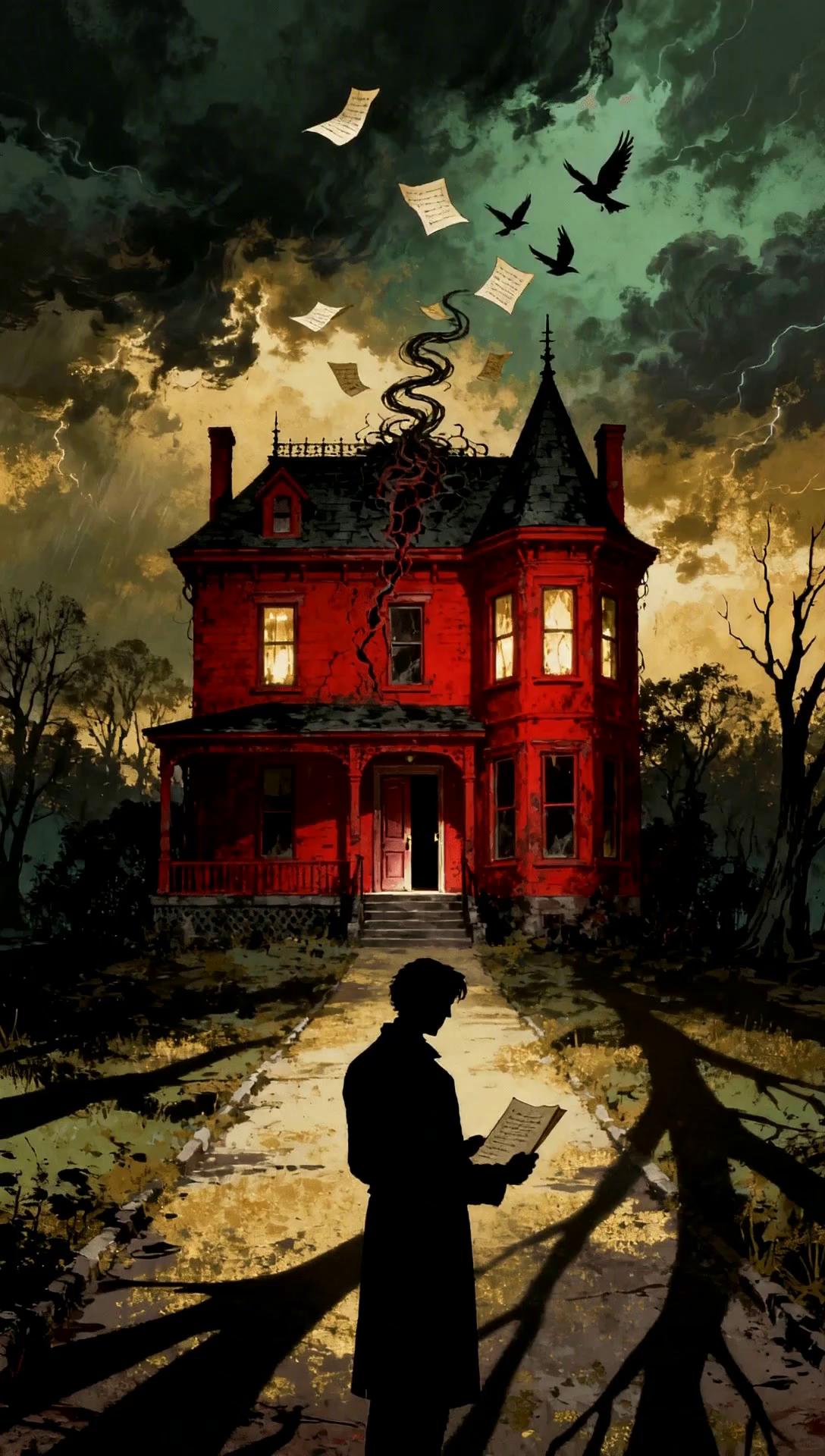 Prompt: The book starts to glow in his hand and re turns back toward the house.The book starts to glow in his hand and returns toward the house.