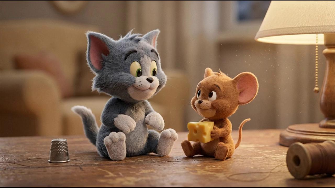 Prompt: tom is reaching after the cheese with his hand and jerry punches him in the face , tom falls down on his back with tiny birds circling around his head , then jerry takes the sewing thread and puts it around his body and takes the thimble puts it on top of tom's head and gives it a punch so his head goes inside , in the end jerry seats down and eating the cheese 