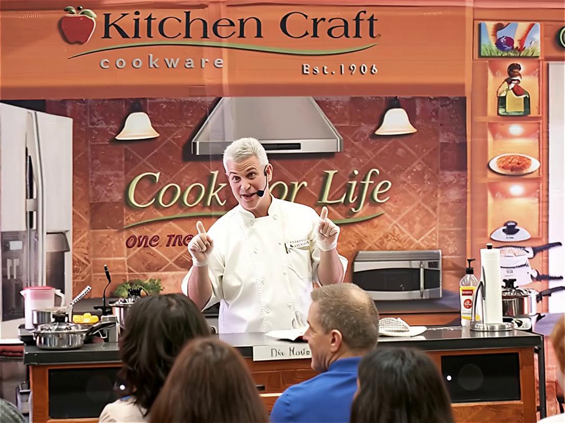 Prompt: The man standing tosses a stainless steel pan through a rotating 3D tunnel with vegetables following it through the air and then the vegetables return to the pan and the man extends the pan with the vegetables inside with a 3D component for the audience to see. 