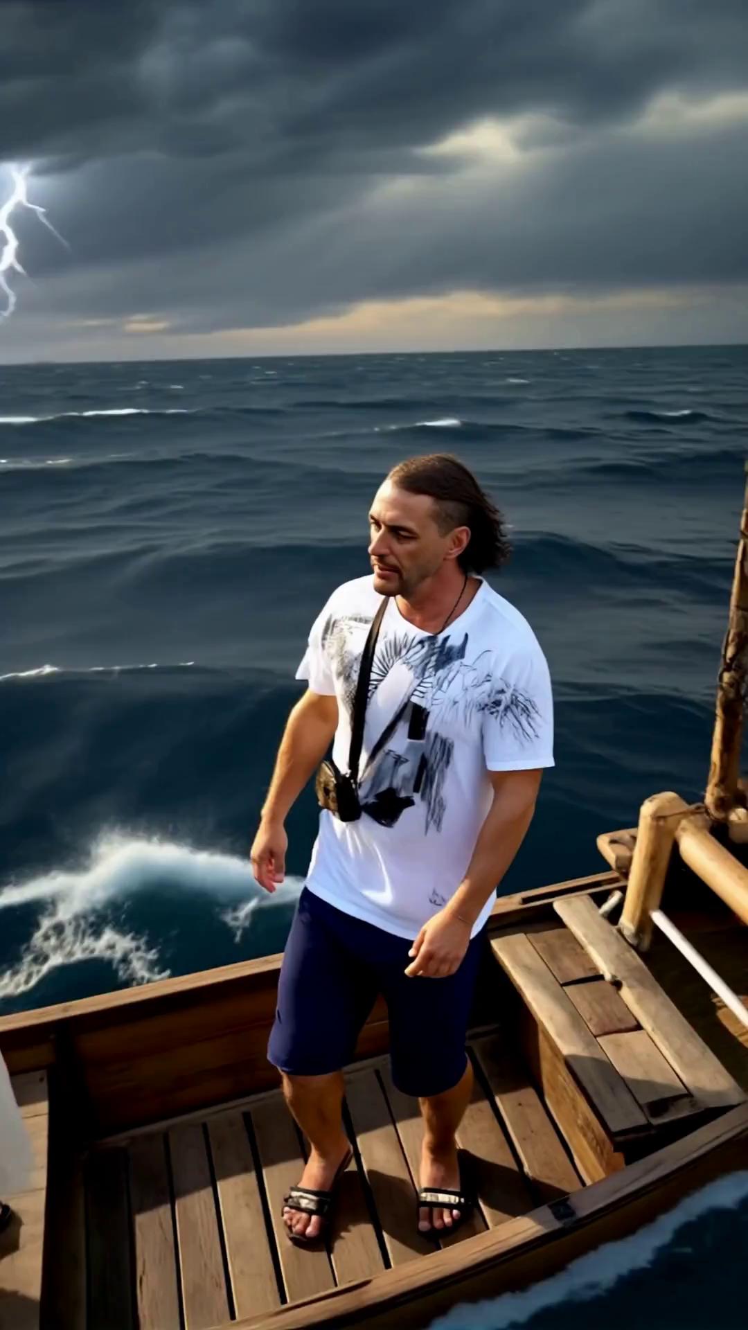 Prompt: Wide shot: Stormy waves. Vic steps out of the boat, eyes fixed on Jesus. Vic starts walking on water—amazement on his face. Wind roars. Vic panics and starts sinking fast.
Vic yelling: “Save me, Lord!” Slow-motion moment: Jesus reaches out His hand. Jesus pulls Vic up from the water. Vic looks relieved and hugs a smiling Jesus. Music hits a dramatic beat.
