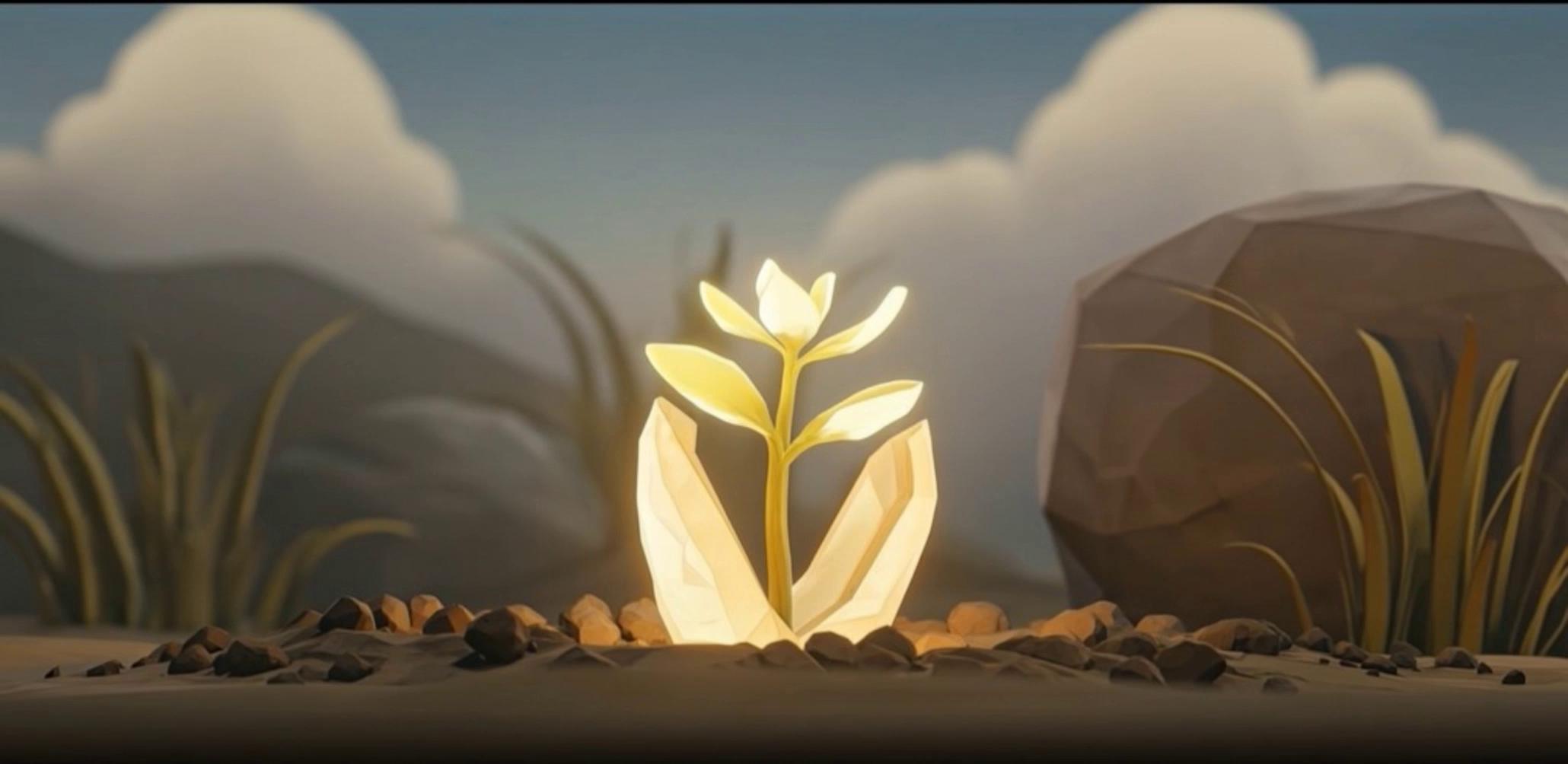Prompt: Stylized animation.

The small flower blooms into a giant beautiful glowing tree now stands alone.

The glowing tree sends tiny floating lights into the sky.

The lights slowly rise like lanterns.

Clouds drift peacefully.

No dramatic effects.

Slow upward camera movement.

Its branches slowly sway.

Small glowing leaves drift through the air.

Birds fly overhead.

Slow pullback.

15 seconds.

