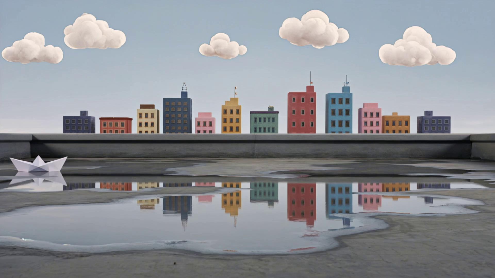 Prompt: Stylizedcartoon animation.

A rooftop overlooking a simple city skyline immediately after rain.

Large puddles cover the rooftop and reflect the colorful buildings.

A small paper boat floats slowly across one puddle.

Rain clouds drift away.

A soft beam of sunlight breaks through the clouds and reflects across the water.

The skyline remains still.

No people.

No camera movement.

Tripod shot.

Simple cartoon shapes.

Dreamlike and peaceful.