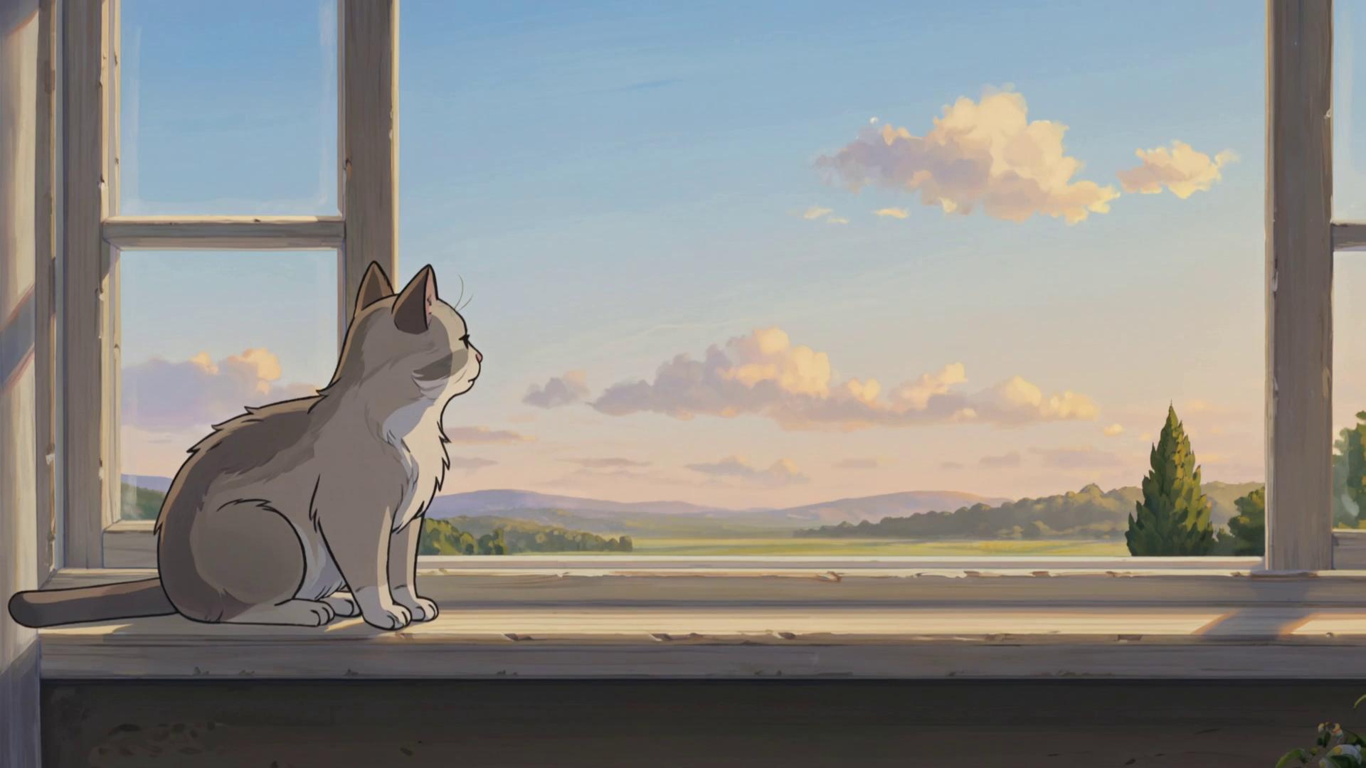 Prompt: Mature 2D painterly cartoon style, not 3D, not photorealistic. A small fluffy cat sits peacefully on a wooden windowsill, looking out across a quiet open landscape. Soft blue sky, distant hills, and warm gentle sunlight. The cat remains almost completely still, occasionally making one slow blink and a very subtle tail movement. The clouds remain nearly stationary. Calm, spacious, peaceful, uplifting atmosphere. Locked-off tripod camera, completely static composition, no pan, no tilt, no zoom, no dolly. No people, no walking, no wind, no moving trees, no birds, no dramatic effects, no text, no visualizer. The cat begins and ends in the exact same position and pose, creating a perfectly seamless 15-second loop. Very minimal movement only.
