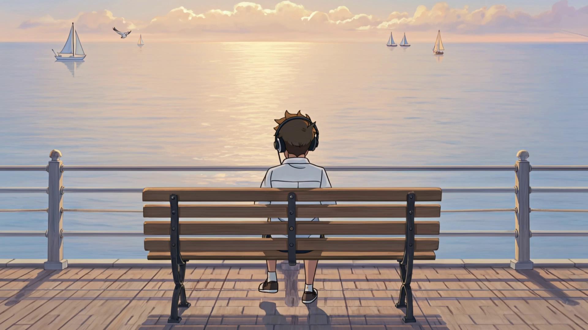 Prompt: Mature 2D painterly cartoon animation, not 3D, not photorealistic. A quiet seaside boardwalk during a peaceful late afternoon. A young person sits alone on a wooden bench wearing headphones, looking out across the calm ocean. In the distance, small sailboats gently move across the water while seagulls glide slowly overhead. The person closes their eyes and gently taps one foot to the music, completely relaxed. Warm sunlight reflects across the water, creating a peaceful rhythmic pattern. Soft pastel colors, nostalgic and dreamy atmosphere, mature artistic style. Locked-off tripod camera, completely stationary, no pan, no tilt, no zoom, no dolly. Only the ocean, distant boats, birds, and subtle movement from the person animate. No stereo, no speakers, no record player, no visualizer, no text, no fantasy effects. 15 seconds.

