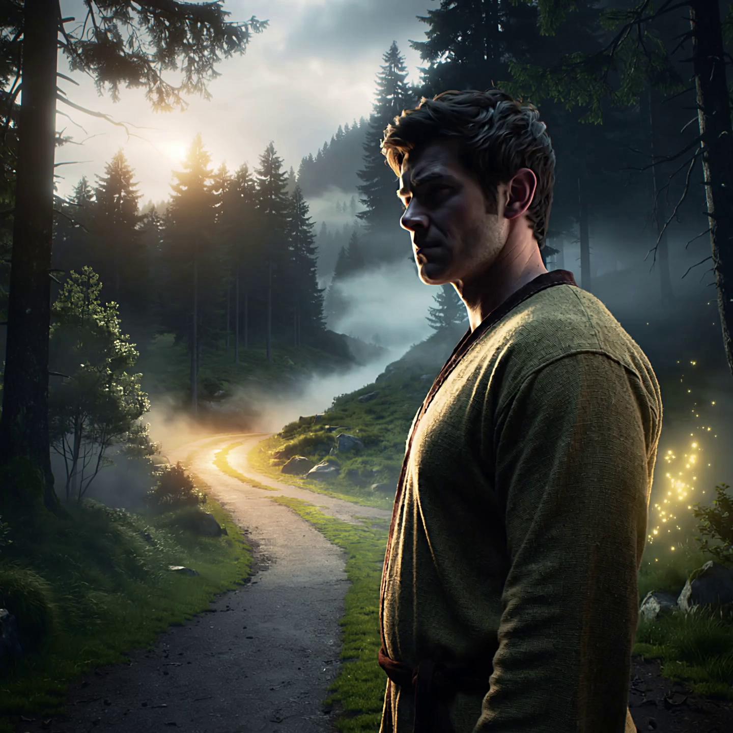 Prompt: A man stands at a fork in the path. One path is bright and easy, the other dark and uphill. The person briefly looks at the easy path, then turns and walks toward the harder path. As they walk, their posture becomes stronger. both paths must be clearly showing. make the harder path more intimidating . make his body look enlightened as he walks the harder path