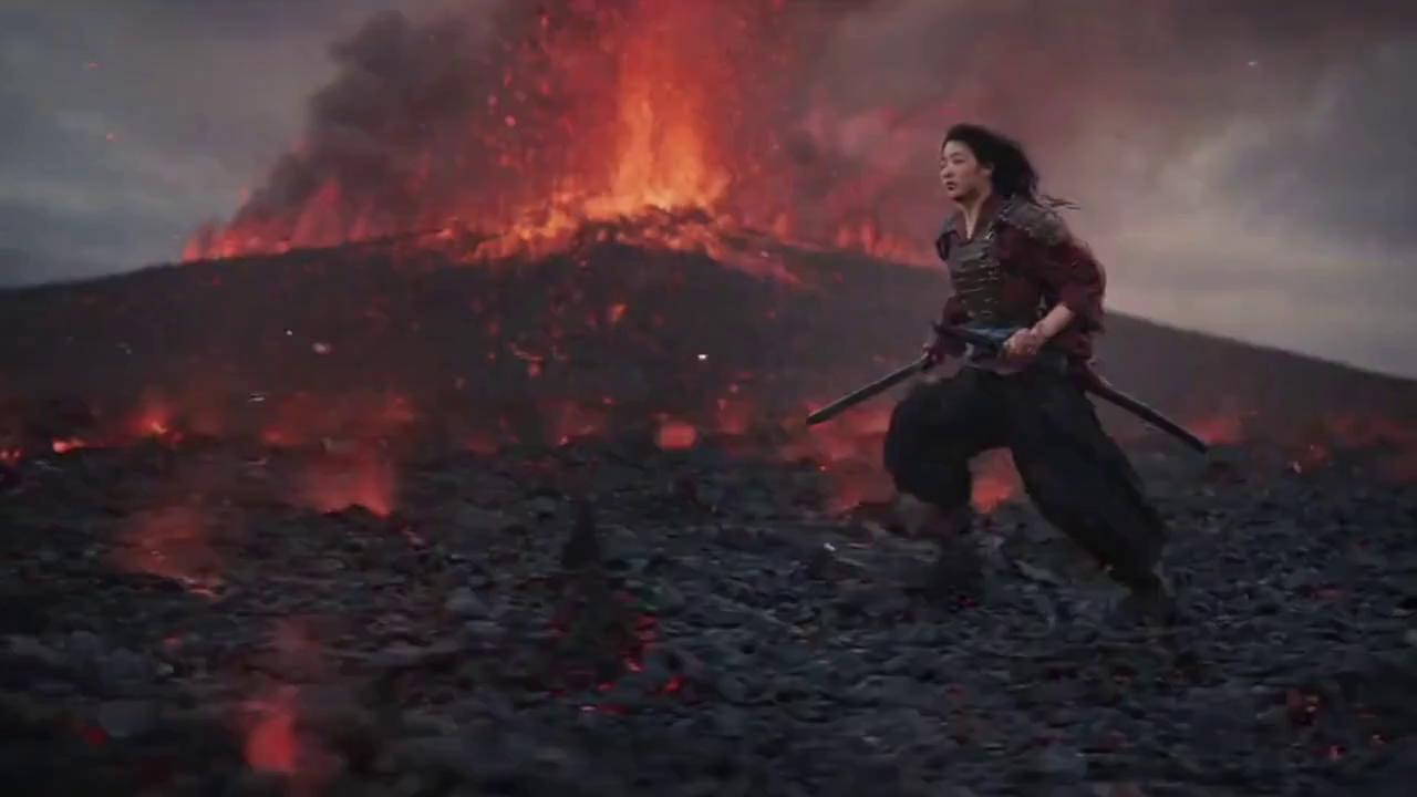 Prompt: Samurai girl with a sword running next to a erupting volcano 