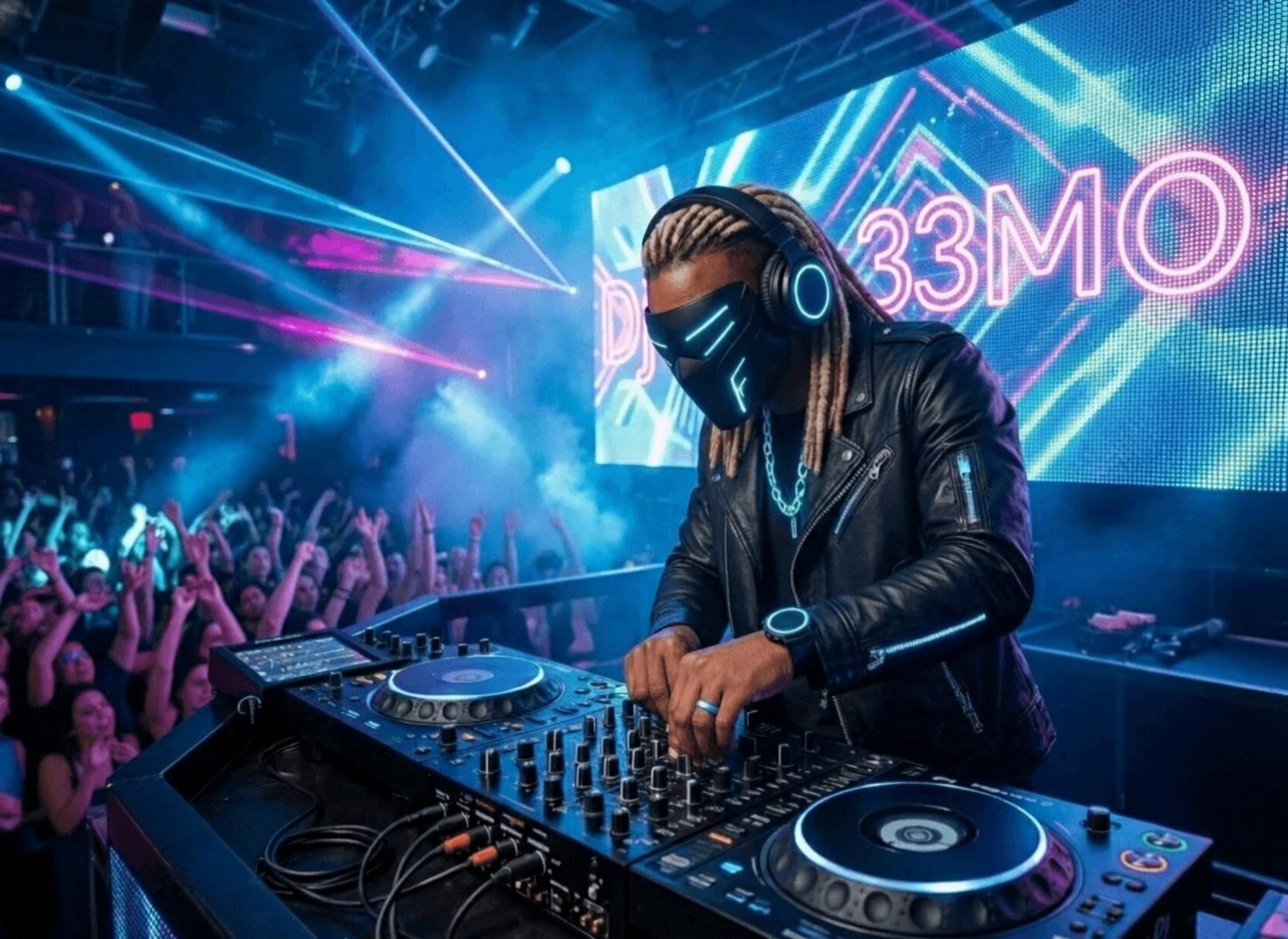 Prompt: Dj is jamming on the turn tables, while nodding his head and the crowd is having fun,turn table should be lighting up, and Dj Fr33MO IN THE BACK SCREEN ANIMATED