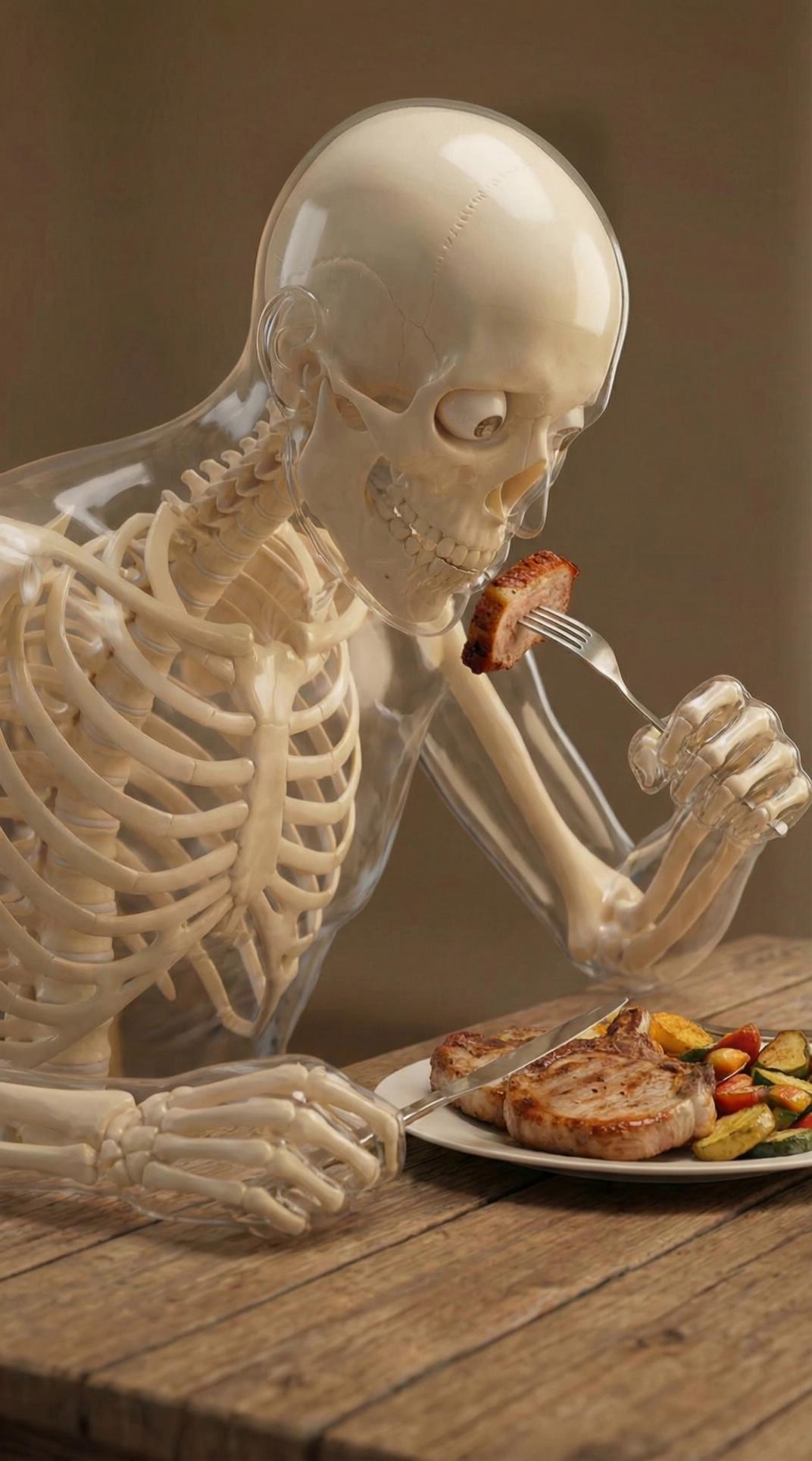 Prompt: transparent skeleton is sitting at the dinner table and eating pork