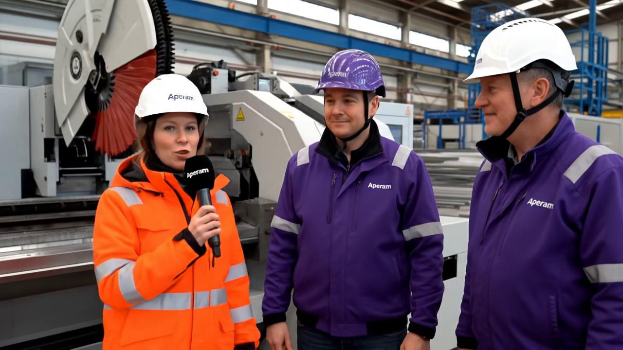 Prompt: A reporter and two machine operator, each wearing helmets (with chin strap) and jackets, are standing crosswise in front a cut to length line machine in an Aperam Company production hall. The jackets are colored in orange and violett. The reporter speaks into a microphone (labeled with the Aperam logo): "Congratulations on reaching the final round of the Aperam Champion 2025!" One of the machine operator proudly replies into the microphone: "Thank you all! Welcome to the final round in Haan and let's go to the implementing at the machine."