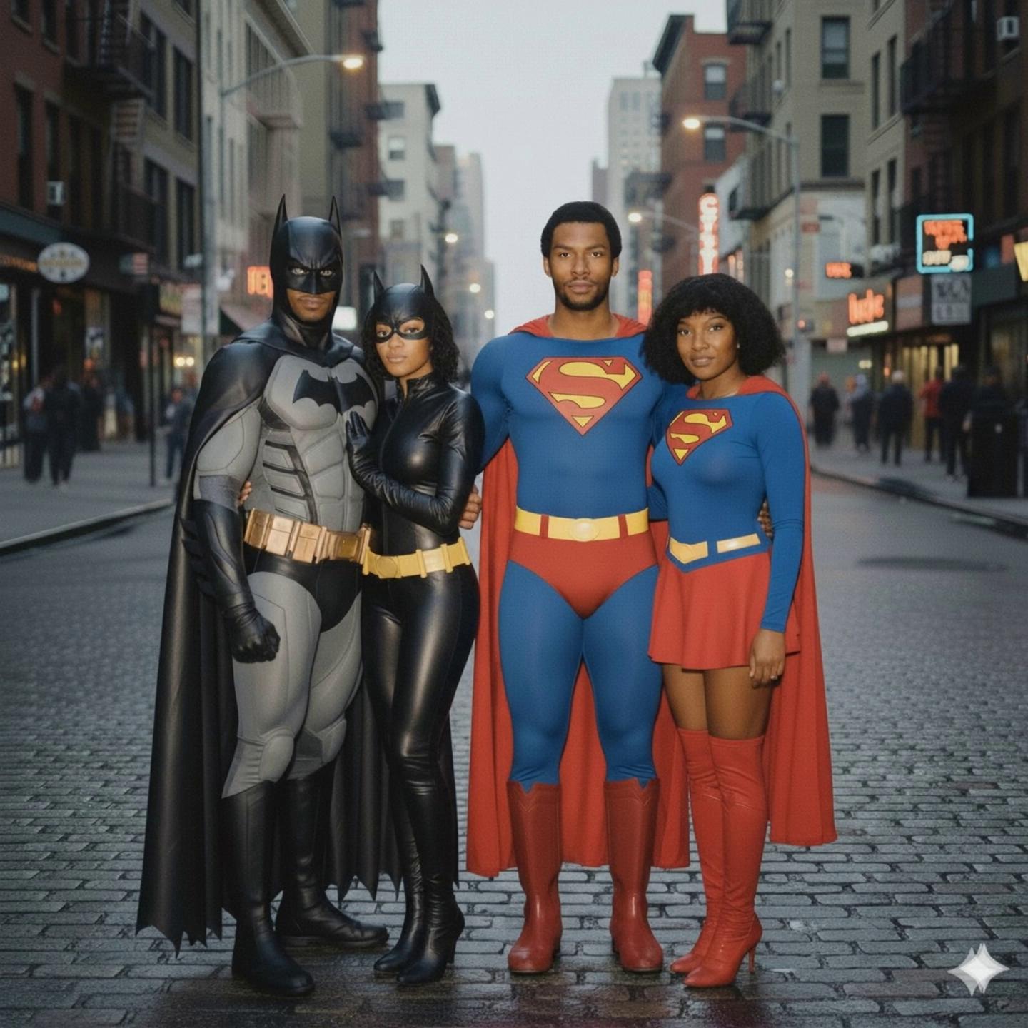 Prompt: With their backs to the camera Superman and Superwoman fly off in the sky between the buildings behind them leaving Batman and batgirl behind facing the camera as the Batmobile pulls up alongside them.