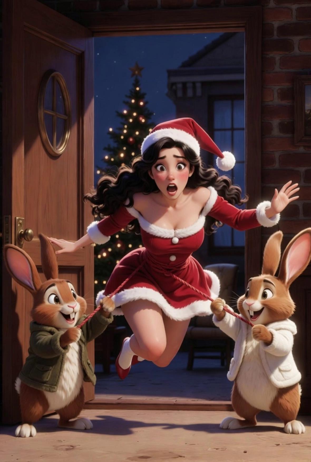 Prompt: Bunnies trip women with rope,[bunnies laughing talking smack] women yelling, you knuckleheads are always clowning!