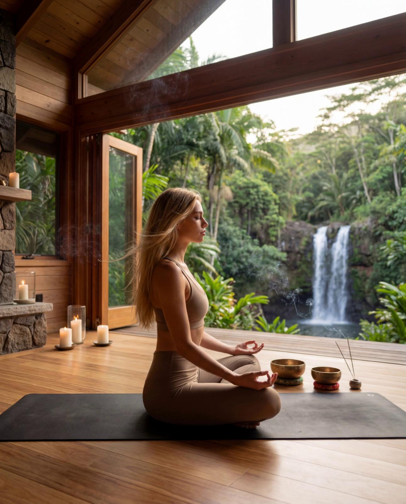 Prompt: Animate this image into a calm meditation video (10–12 seconds), designed for seamless looping.Rules:– Camera completely static.– No zoom.– No pan.– No cuts.Aria:– Remains completely still.– Eyes closed.– No body no head movement.Allowed motion only:– gentle breeze moving her hair slightly– incense smoke drifting slowly upward– candle flames flickering softly– waterfall flowing continuously in the backgroundLighting remains constant.First frame and last frame must visually match.Mood:Deep calm.Gratitude.Morning meditation in nature.