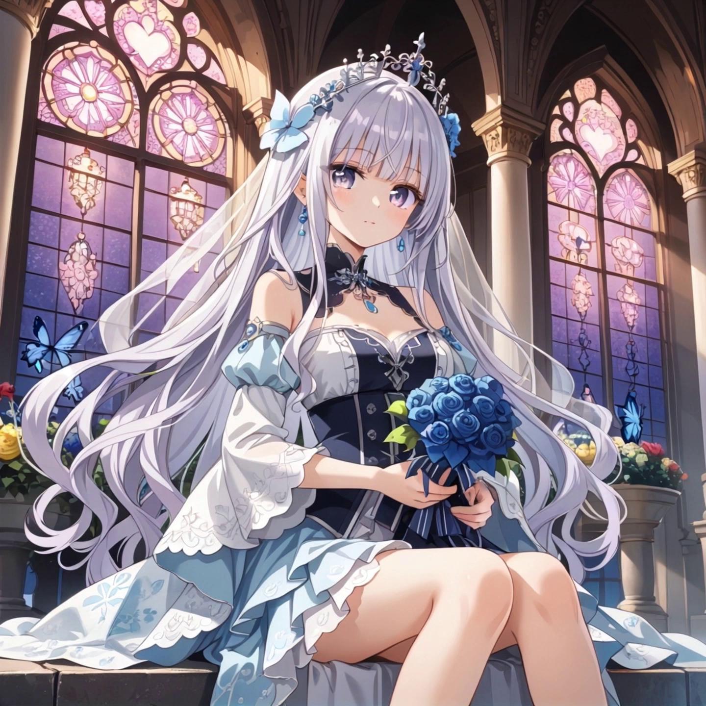 Prompt: Her long hair and delicate ribbons sway gently in the breeze. She sits gracefully with her legs folded to the side, holding a pastel bouquet of roses and hydrangeas. Her upper body subtly shifts and sways naturally, as if breathing softly. Her floral-embroidered gown and layered skirt flutter lightly in the wind. The soft sunlight sparkles around her, glowing lanterns swing slightly, and flower petals drift gently through the air. The entire scene is peaceful, dreamy, and full of delicate motion.