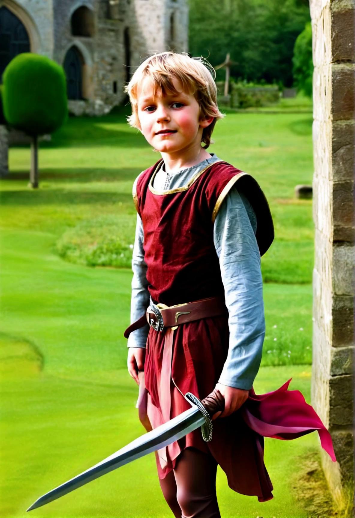 Prompt: Medieval beautiful Kid does sword acrobatics, upside-down, showing off his strong and gracious thighs and dance-moves coordinated with his skills