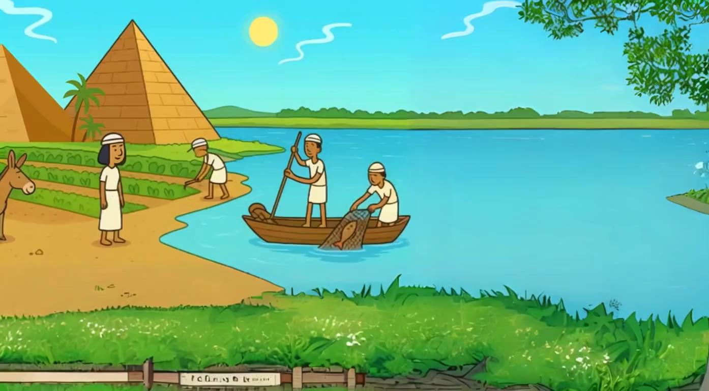 Prompt: add a pyramid in the backgroud and more space for the land with farmers move the river a bit far with fishermans