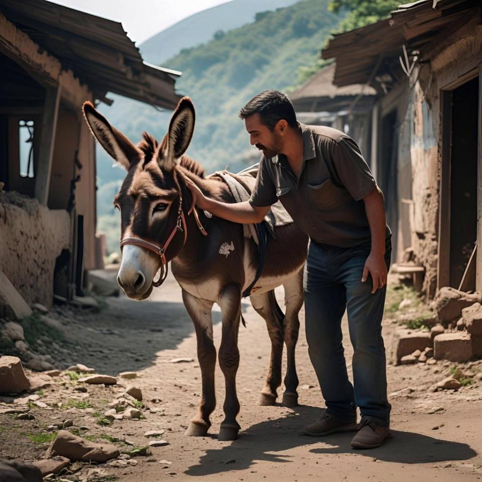 Prompt: walking donkey and owner