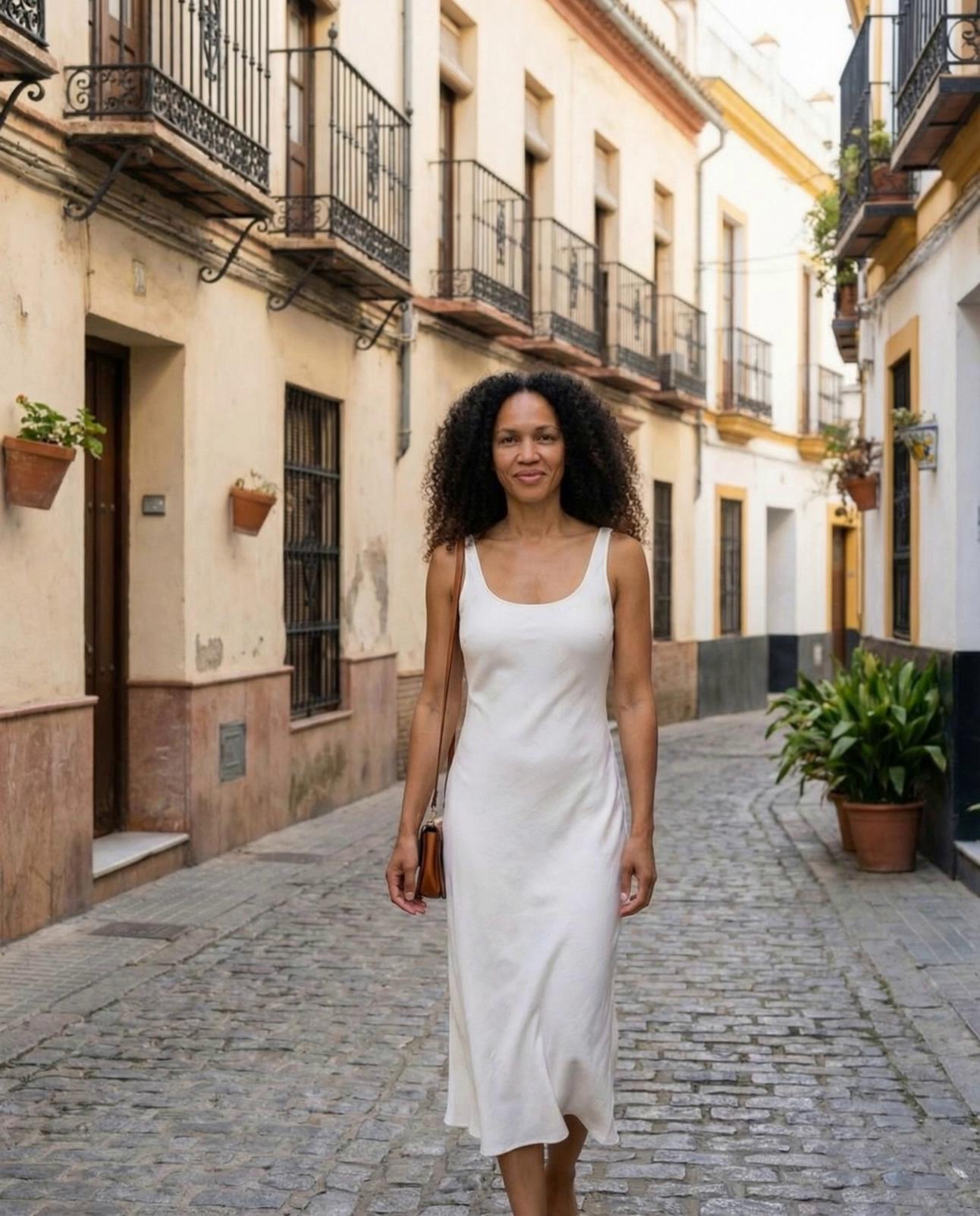 Prompt: 2. Café Society Afternoon (Effortless Chic)Shot on a 35mm lens with shallow depth and natural daylight tones.Camera performs a slow lateral drift from left to right.She laughs lightly then walks away and skips through the streets.Ambient background motion feels social and alive.Atmosphere is warm, social, and elegant — approachable luxury.