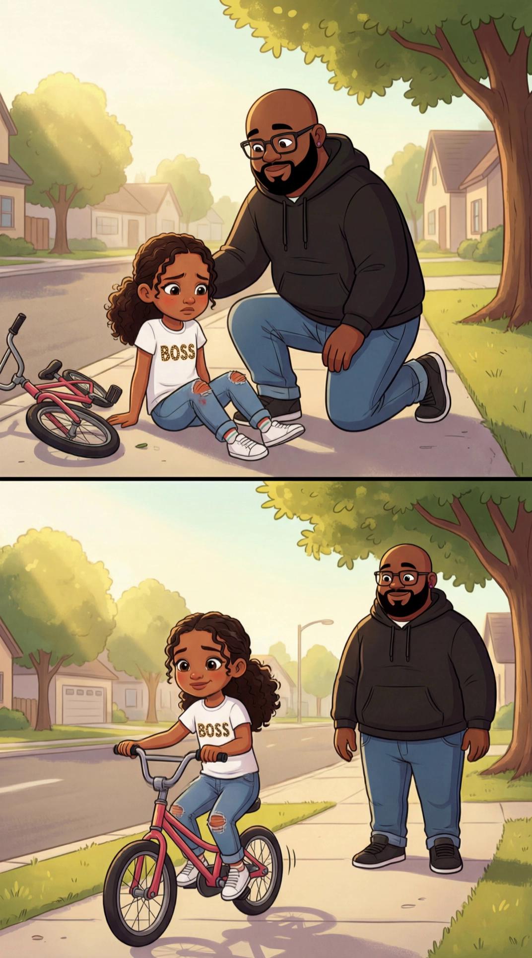 Prompt: Layla falls of her bike and Darius walks over to her and wipes her tears and picks her up and puts her back on the bike.
