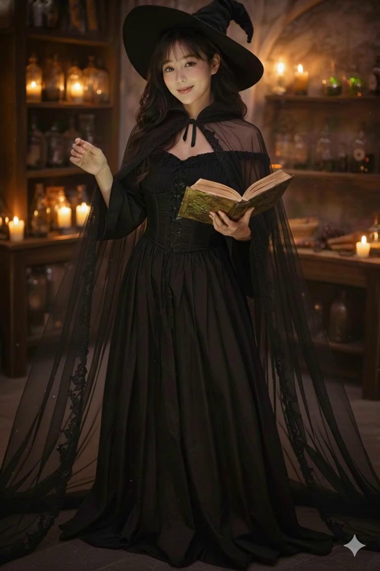 Prompt: Asian witch brides' head and body shrinks and melts into their chiffon gowns, and their cloaks, and gowns fall to the floor into a messy piles, deflating to flattened as she melts away. their hooded cloaks falls and deflates as they melt underneath it. they scream "I'm melting" repeatedly during this process, and smoke is emerging from their gowns and cloaks
