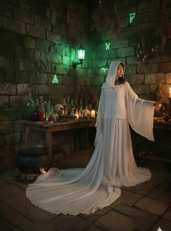 Prompt: A beautiful asian witch bride with a long white dress, long white cloak, says “you little pest! Look what you’ve done!” before looking at her hands dripping with liquid she then says “I’m melting! Melting!” before completely deflating to the ground and have the camera slowly look down to reveal only her white cloak, white dress,  left on the floor with the witch completely disappeared.  Do not show arms and legs.  Only show her head slowly sinking inside her cloak and dress leaving her hood on top of her leading to empty dress and cloak on the floor