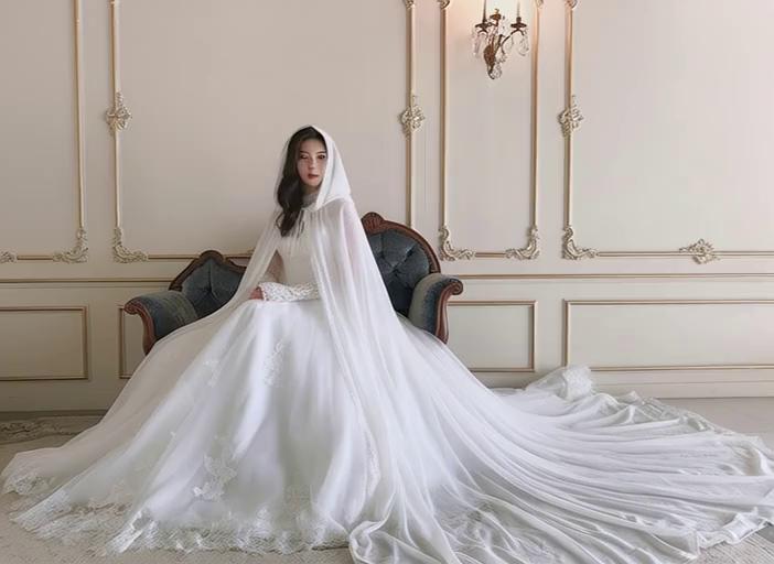 Prompt: beautiful Asian vampire bride's body sinks into their gown, and their cloak and gown fall to the floor empty and deflating as a result of it
