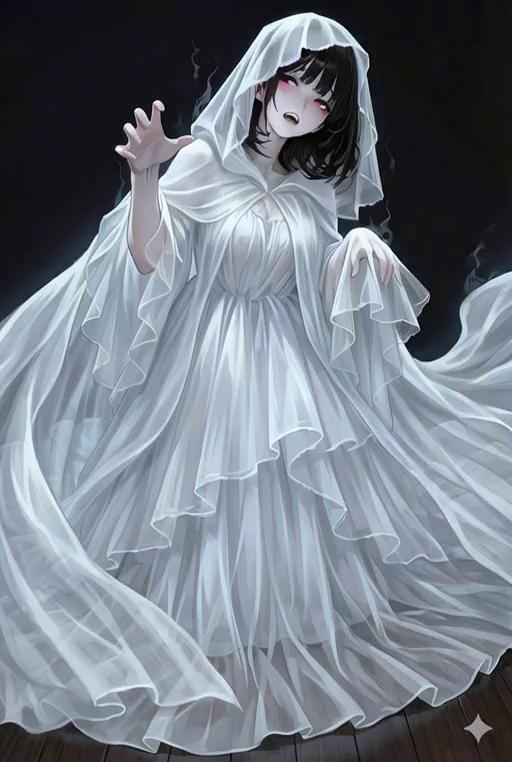 Prompt: asian witch brides' head and body shrinks and melts into their chiffon gowns, and gowns fall to the floor into a messy piles, deflating to flattened as she melts away. their gowns  falls and deflates as they melt underneath it. they scream "I'm melting" repeatedly during this process, and smoke is emerging from their gowns 