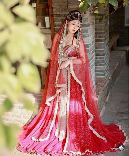 Prompt: Beautiful asian witch brides' head and body shrinks and melts into their chiffon gowns, and gowns fall to the floor into a messy piles, deflating to flattened as she melts away. their gowns  falls and deflates as they melt underneath it. they scream "I'm melting" repeatedly during this process, and smoke is emerging from their gowns 