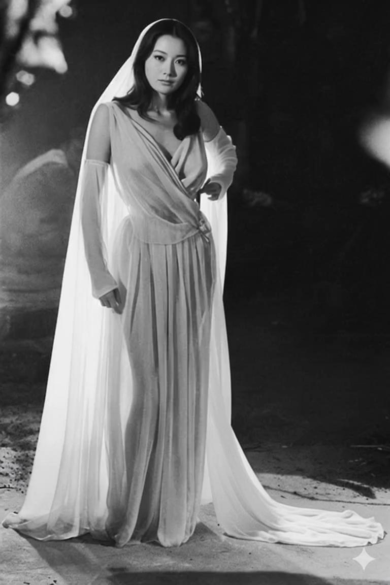 Prompt: Beautiful asian model dressed as a witch with a very long black flowing gown, very long black flowing cloak, and black pointed hat with a long veil.  beautiful asian witch brides' head and body shrinks and melts into their chiffon gowns, and gowns fall to the floor into a messy piles, deflating to flattened as she melts away. their gowns falls and deflates as they melt underneath it. they scream "I'm melting" repeatedly during this process, and smoke is emerging from their gowns
