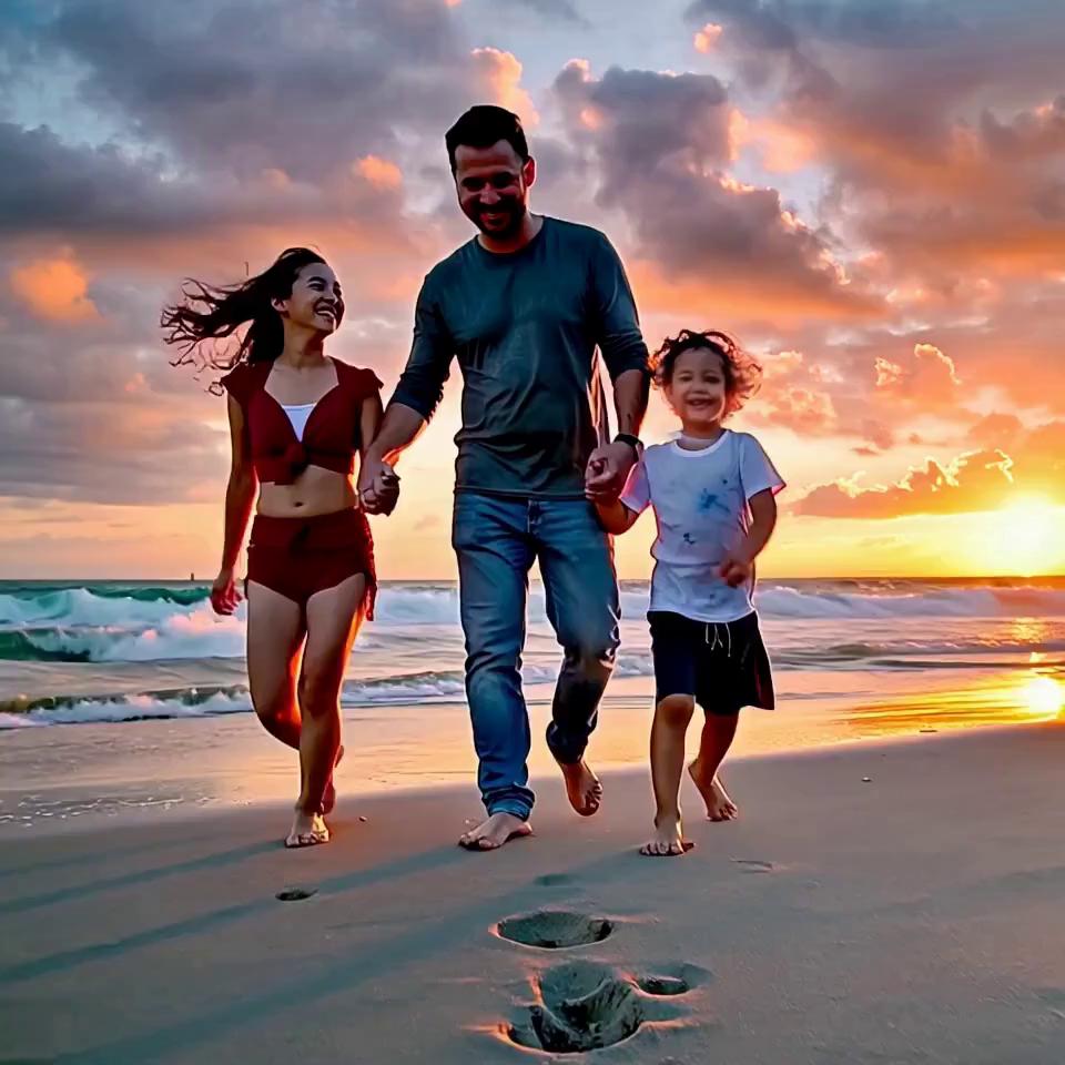 Prompt: Uma família brasileira, pai 45 anos, mãe 39 anos, uma filha de 10 anos e um filho de 08 anos, linda e feliz, passeando a beira mar na pria de copacabana ao nascer do sol.