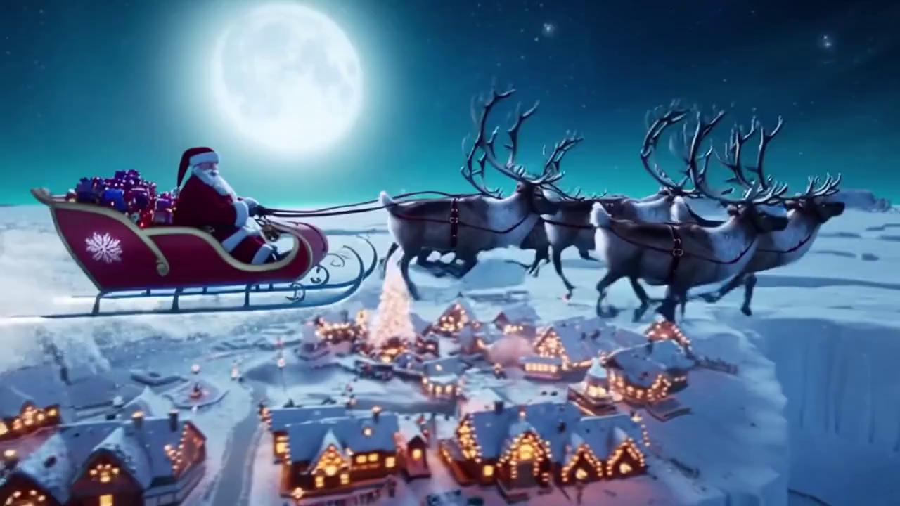 Prompt: Visualize as camera starts from sky sees Santa Claus along with The reindeers, majestic and strong, rush forward, their hooves barely touching the shimmering frost below. Below them lies a quaint North Pole village, its tiny cottages adorned with glowing lights, twinkling like stars in a winter wonderland. The warm hues from the windows contrast with the icy blue of the landscape. Sparkling in the glow of the moon, as Santa passes by, his hearty laughter echoing through the night. The scene is realistic and futuristic style, capturing the magic and exhilaration of this festive moment.