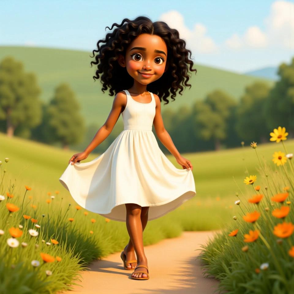 Prompt: 3D animation young girl 8fbe9cf1 with curly dark hair, large eyes, white dress, tan sandals In a sun-drenched meadow adorned with wildflowers, a young woman stands confidently in a flowing white dress that dances gently in the breeze, highlighting her graceful silhouette. Her curly dark hair frames her large, expressive eyes that sparkle with curiosity as they scan the vibrant landscape around her. With her tan sandals slightly digging into the soft earth beneath her, she emanates an aura of ease and whimsy, making her the focal point amid the lush greenery and colorful blooms, while the gentle hills behind her recede into a soft blur, enhancing her prominence in the scene.