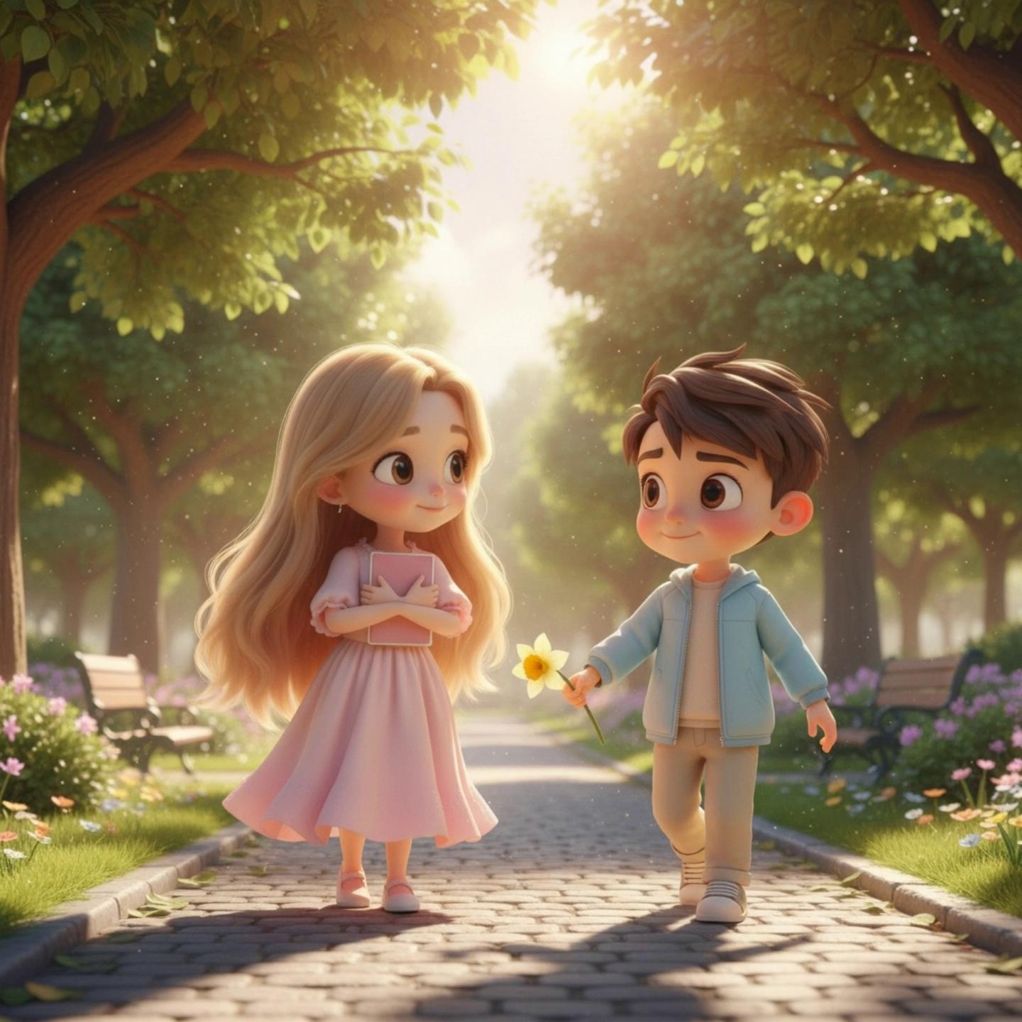 Prompt: short, romantic scene in a sunny park between two cute characters. A shy girl with soft features, long flowing hair, and a pastel dress holds a small notebook close to her chest. A cheerful boy with neatly styled hair and a light pastel outfit walks toward her, holding a single flower.