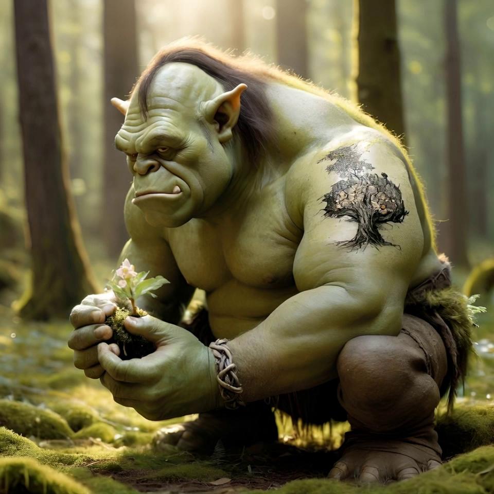 Prompt: the ogre’s lips slowly curl into a gentle, content grin  
his brow relaxes, and his eyes soften as he gazes at the flower  
soft golden glowing particles rise and drift around the flower  
gentle magical pollen sparkles in the warm sunlight  
ambient forest light flickers subtly, shallow depth of field