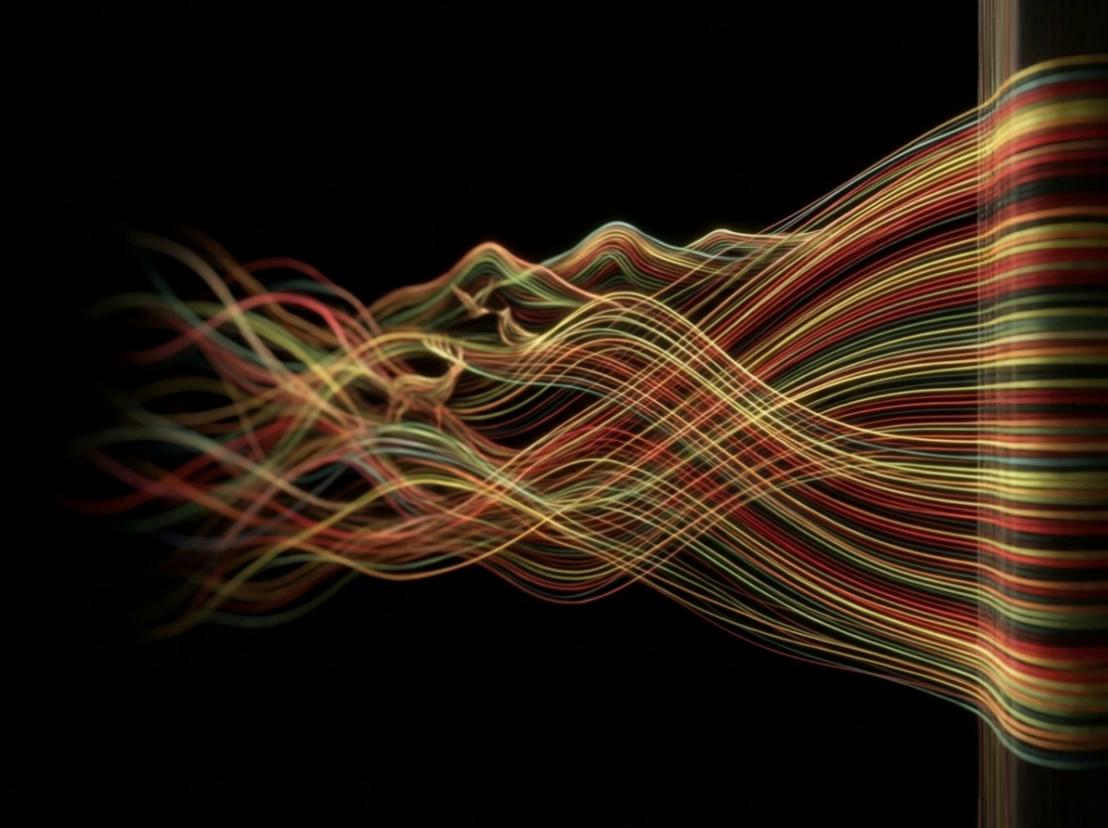 Prompt: The camera is completely fixed.
No camera movement.
Locked shot.

Black background remains unchanged.

The weaving threads are continuously generated from the right side,
like a weaving machine producing fabric.

Newly generated threads immediately inherit motion,
they are already flowing as they appear,
not static at the moment of creation.

All threads flow from right to left in a continuous motion,
with no delay between generation and movement.

The entire weaving behaves as one continuous system.

The left side of the threads gently sways,
with soft, natural fabric movement,
slow and rhythmic.

Overall structure remains stable.

Subtle wave motion travels along all threads,
including newly generated ones,
so the motion is consistent across the entire image.

Embedded shapes such as mountains, deer, and birds
are very small and subtle,
integrated within the threads.

These shapes move together with the threads,
flowing from right to left.

They also have very subtle motion,
such as slight shifting or breathing,
but remain part of the threads.

No independent animation,
no large or dominant shapes.

The motion feels organic and continuous,
like a living weaving process guided by invisible force.

No flickering, no particles, no extra effects.

Cinematic, smooth, loopable animation.