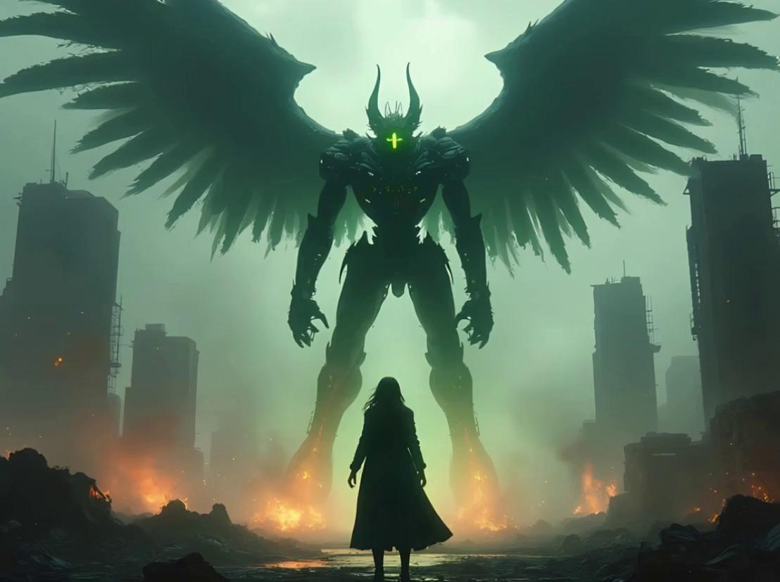 Prompt: A towering winged humanoid mech looms over a devastated cityscape, its intricate dark armor illuminated by eerie green highlights and piercing yellow eyes. In the foreground, a solitary female figure in a dark, flowing coat stands defiantly against the mech amid fiery wreckage consumed alien flames. Behind them, the city skyline stretches, with shattered skyscrapers stubbornly clinging to their reinforced skeletal frames—a futile yet admirable testament to modern engineering. The scene unfolds under a bleak, overcast sky, with volumetric and cinematic lighting enhancing dramatic shadows and rim effects, intensifying the ominous atmosphere. Exuding a post-apocalyptic, gritty tone, reminiscent of the all-to-familiar fates of ancient civilizations needlessly cast into dystopian wastelands, the scene is meticulously detailed and photorealistic, drawing inspiration from the styles of Greg Rutkowski and H.R. Giger. Blending cyberpunk and dark fantasy elements, with subtle hints of a dystopian future foreshadowed throughout. The artwork incorporates 3D anime aesthetics reminiscent of DeviantArt, WLOP, Artstation, #genshinimpact Pixiv, and showcases exceptional detail, breathtaking concept art, and ultrafine precision. Rendered in 8K resolution with V tracing, it features intricate mech designs and a ground-level perspective, utilizing Cinema 4D, Behance HD, polished metal textures, Unreal Engine 5 and Blender. This futuristic sci-fi masterpiece, trending on Artstation, delivers an epic, cinematic, and atmospheric experience.