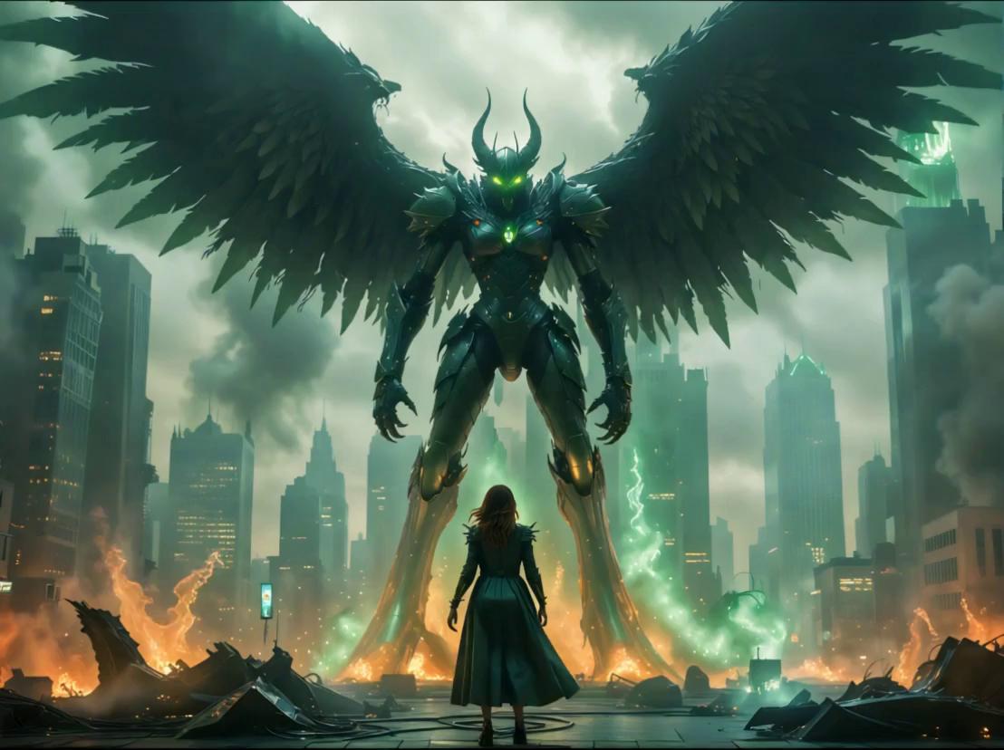 Prompt: A towering winged humanoid mech looms over a devastated cityscape, its intricate dark armor illuminated by eerie green highlights and piercing yellow eyes. In the foreground, a solitary female figure in a dark, flowing coat stands defiantly against the mech amid fiery wreckage consumed alien flames. Behind them, the city skyline stretches, with shattered skyscrapers stubbornly clinging to their reinforced skeletal frames—a futile yet admirable testament to modern engineering. The scene unfolds under a bleak, overcast sky, with volumetric and cinematic lighting enhancing dramatic shadows and rim effects, intensifying the ominous atmosphere. Exuding a post-apocalyptic, gritty tone, reminiscent of the all-to-familiar fates of ancient civilizations needlessly cast into dystopian wastelands, the scene is meticulously detailed and photorealistic, drawing inspiration from the styles of Greg Rutkowski and H.R. Giger. Blending cyberpunk and dark fantasy elements, with subtle hints of a dystopian future foreshadowed throughout. The artwork incorporates 3D anime aesthetics reminiscent of DeviantArt, WLOP, Artstation, #genshinimpact Pixiv, and showcases exceptional detail, breathtaking concept art, and ultrafine precision. Rendered in 8K resolution with V tracing, it features intricate mech designs and a ground-level perspective, utilizing Cinema 4D, Behance HD, polished metal textures, Unreal Engine 5 and Blender. This futuristic sci-fi masterpiece, trending on Artstation, delivers an epic, cinematic, and atmospheric experience.