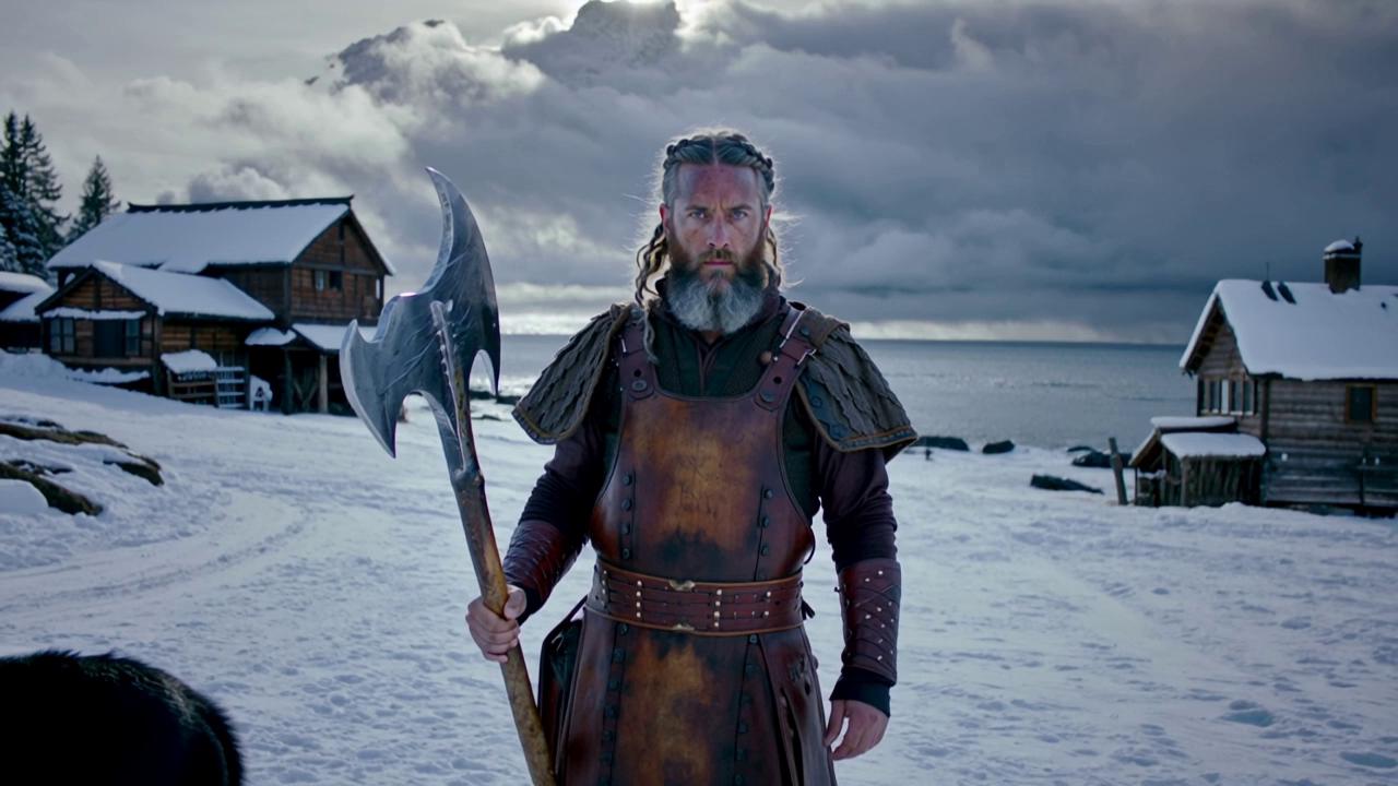 Prompt: Name: Eirik Stormbearer
Title: The Thunder-Wrought
Age: 37
Origin: Fjallheim, a rugged coastal village in the icy north

Description:
Eirik Stormbearer stands tall and broad, with a presence as commanding as the sea squalls he was named after. His long, sun-bleached hair is braided with runes of protection, and his beard, thick and streaked with gray, speaks of countless battles survived. His sea-blue eyes flash with the fury of storms, and his body bears the scars of war — each one a mark of honor and defiance.

Clad in a bearskin cloak over iron-studded leather, Eirik wields a massive axe known as Skjalg, said to be forged from the heart of a fallen star. Legends tell of him striking down foes with the force of thunder, his war cries echoing through the fjords like the roar of Mjölnir itself. A warrior of unmatched courage, he is also a cunning tactician, leading raids with brutal efficiency and a deep code of honor.

Though feared by his enemies, Eirik is revered by his people. He fights not for conquest, but for kin, land, and legacy. He is the shield of Fjallheim, a protector of the old ways, and a symbol of Norse resilience in a world teetering between myth and change.

Traits: Fierce, honorable, loyal, wise in battle, haunted by prophecy
Companion: A black wolf named Hrafn, said to be a gift from Odin himself