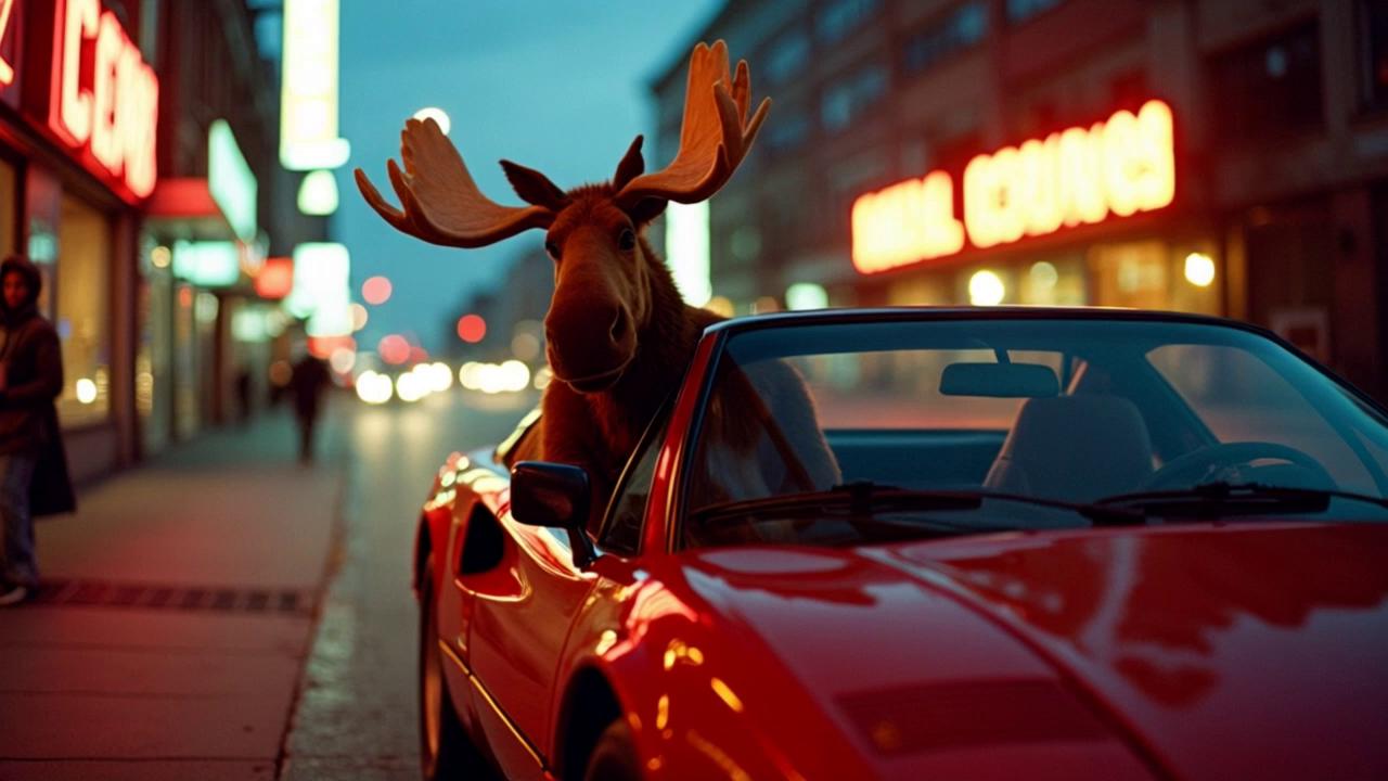 Prompt: A moose man sitting in a Ferrari, giving a thumbs up.