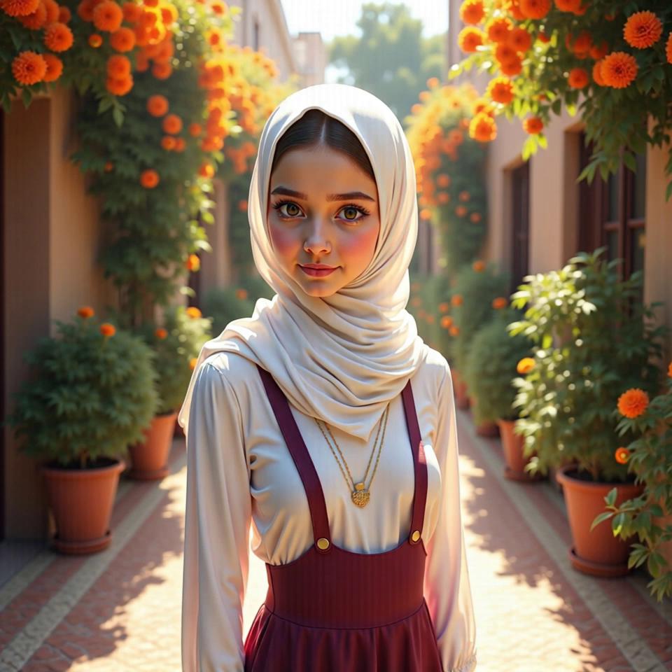 Prompt: digital realism young girl in hijab 7c0b6c34 with large hazel eyes, white hijab, light skin, pink cheeks, gold necklace, maroon straps In a sun-drenched courtyard adorned with vibrant marigold flowers and intricate mosaic tiles, a young woman stands poised, her elegant figure framed against the rich textures of the environment. She wears a flowing, sophisticated white hijab that cascades gracefully down her shoulders, accentuating her light skin and blushing pink cheeks. The soft maroon straps of her clothing cinch at the waist, their color echoing the warm, earthy tones of the courtyard, while her delicate gold necklace glints in the sunlight, drawing attention to her large hazel eyes that sparkle with a blend of serenity and confidence. As the camera pans around her, the surrounding beauty only serves to enhance her presence, ensuring she remains the focal point in the frame.