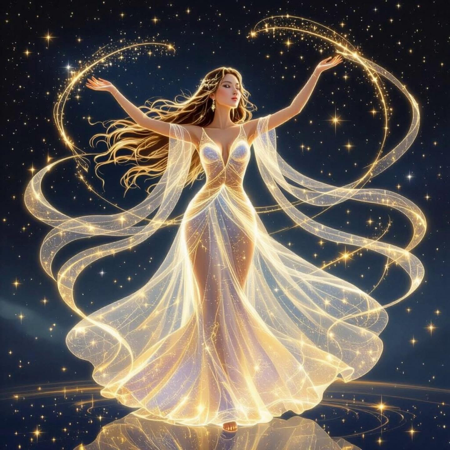 Prompt: A celestial woman made of pure light dances gracefully in the starry sky. Her flowing golden-white gown sparkles with thousands of tiny stars. Streams of glowing stardust swirl around her arms and body, forming elegant circular patterns of light. Her long hair waves softly, illuminated by radiant energy. The movement is slow, smooth, and ethereal, like a cosmic dance. The scene feels divine, radiant, and full of harmony, as if the universe itself is moving with her.