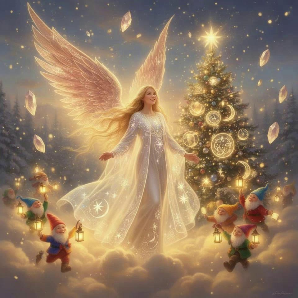 Prompt: Heavenly luminous girl dancing slowly among glowing snow and Christmas lights, long golden hair flowing in a gentle divine breeze, large soft ethereal wings moving gracefully behind her. She moves with slow, elegant celestial gestures, her white star-ornamented gown glowing with shifting patterns of light. Her heart-star radiates warm golden energy that pulses softly in harmony with her dance. Small joyful gnomes with lanterns circle around her, their lights reflecting in the falling sparkling snow crystals. The Christmas tree behind her glows with cosmic ornaments, creating a magical, serene atmosphere. Camera moves gently, capturing her slow turns, hand gestures, and light ripples under her feet on the cloud. Mood: divine, tranquil, celestial, magical slow dance.