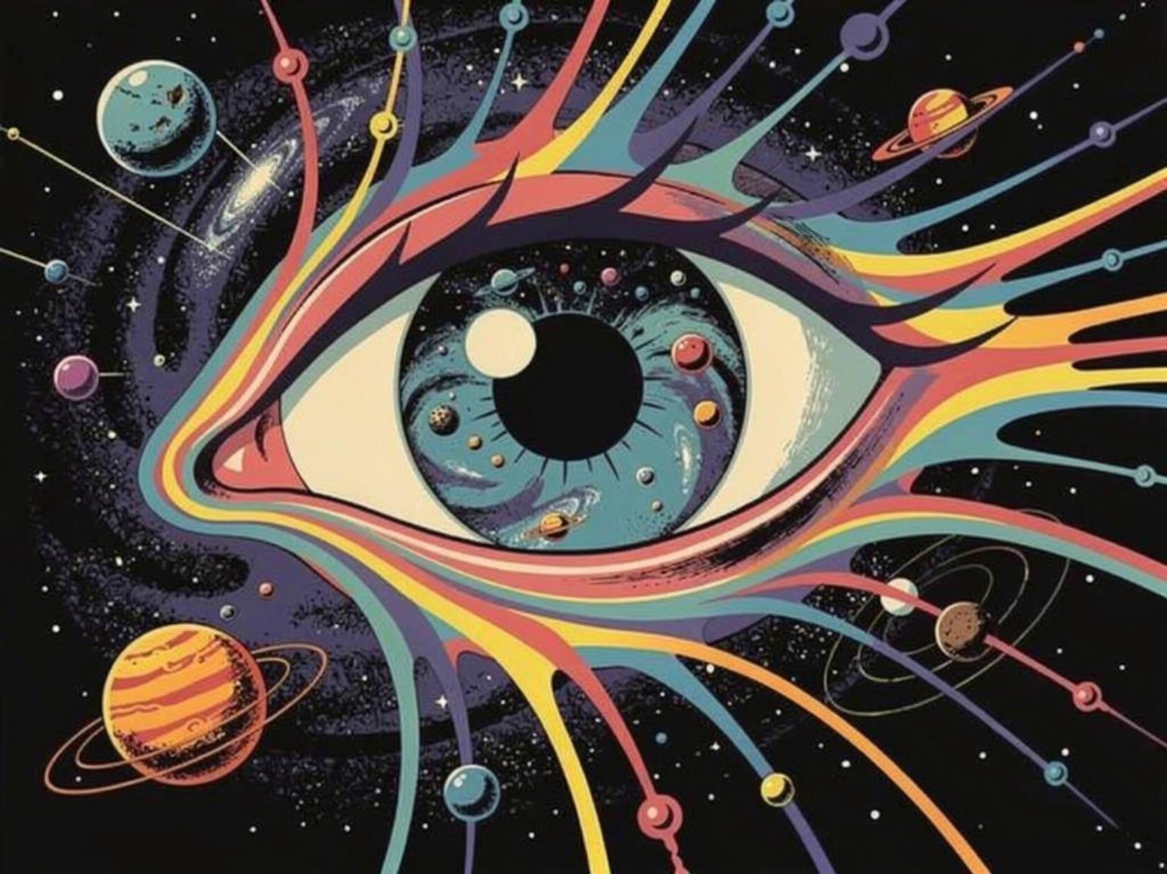 Prompt:  make it slowly blink, look around and  morph colors at 130bpm as a planet floats past 