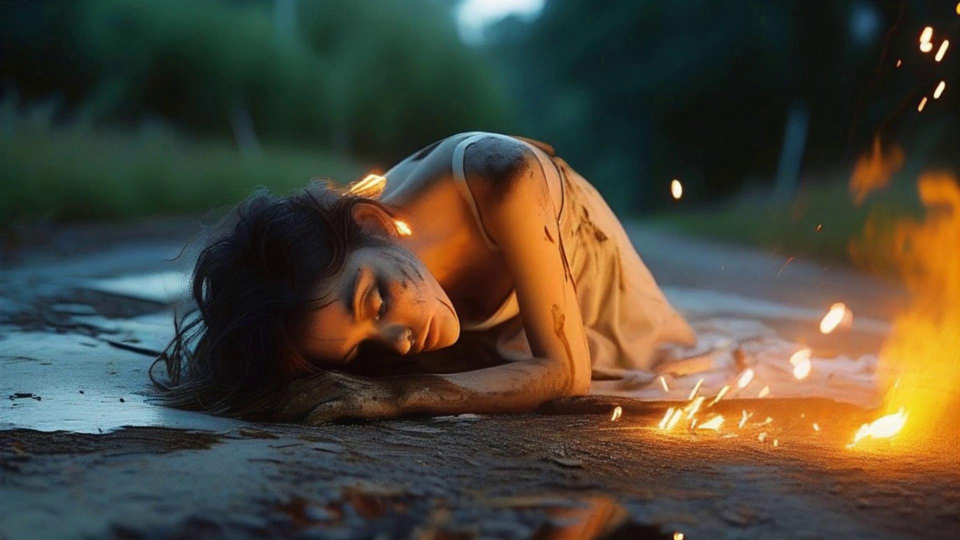 Prompt: At a nighttime forest campsite under a clear, starlit sky, the campfire has gone out, leaving behind faintly glowing red embers and a ring of cold gray ashes. Laura is lying face down directly in the ashes, her head slightly lifted and tilted upward. Her entire face is clearly smeared with dark soot and ash, especially across her cheeks and forehead. Her legs are visibly tangled in loose tent ropes stretched across the ground. A sturdy, hand-carved wooden picnic table with a smooth, varnished surface stands to the side. In the background, near the tree line, a small black-and-white skunk is clearly visible, its tail raised as it sniffs the air. The dim moonlight and soft ember glow gently illuminate the scene, casting dramatic shadows and highlighting Laura’s ash-covered face.