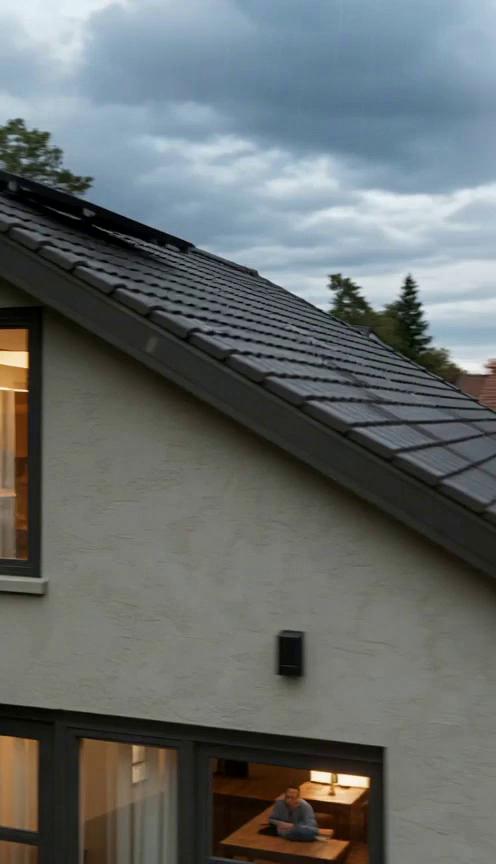 Prompt: In a neighborhood, there is a house whose window shows people inside. Solar panels appear on the roof of the house, then weather changes begin. It is important that the light inside the house is always on.