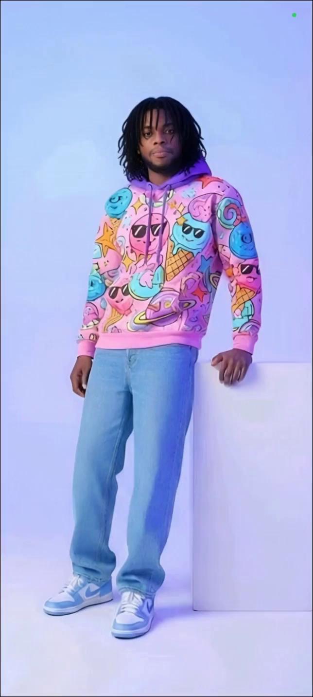 Prompt: Make a few steps, come closer to the camera showing n pointing at the brand n quality of his sweater with his  two fingers