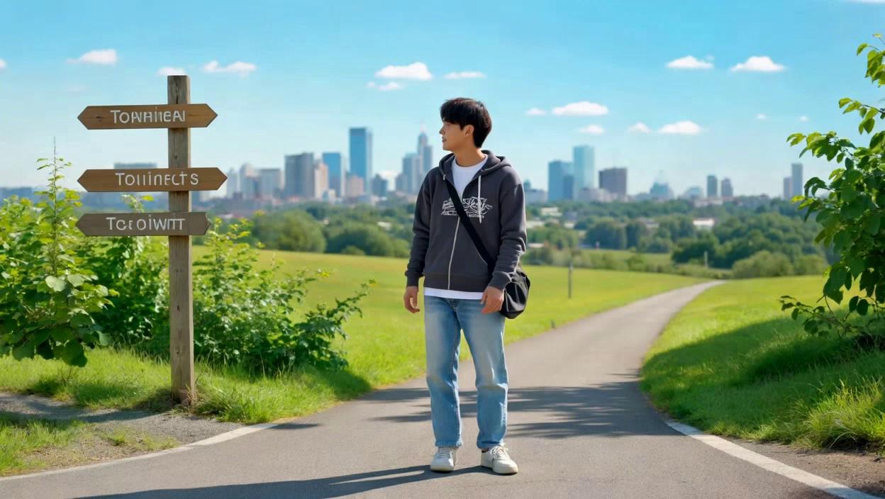 Prompt: A person stands at a sunlit crossroads on a bright day, turning toward the path leading to a sunlit meadow with a confident, regret-free smile. One road winds toward a warm, sunlit meadow; the other disappears toward a distant, softly blurred city. The scene is bathed in golden hour light with long shadows and lush green foliage swaying gently in a breeze. The person wears casual, stylish clothes, shoulders squared, posture relaxed and self-assured. A wooden signpost at the crossroads subtly reads ‘Paths Ahead.’ Rich, saturated colors with a shallow depth of field focused on the figure; painterly realism with textured brushwork. The meadow path is inviting and sunlit, the city path recedes into a soft blur, while foreground leaves and grasses catch the light. 