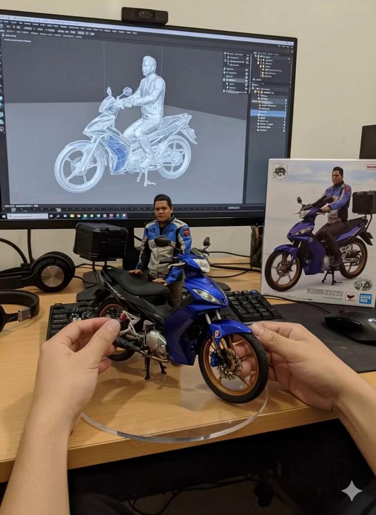 Prompt: Two hands gently pick up the figure in the frame and rotate it slightly for inspection. The model on the computer screen and the model printed on the packaging box remain stationary, while all other background elements stay unchanged.