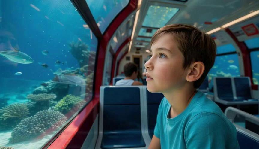 Prompt: train should be traveling underwater at 20mph. Should feel like we are riding on a passenger train but under water.